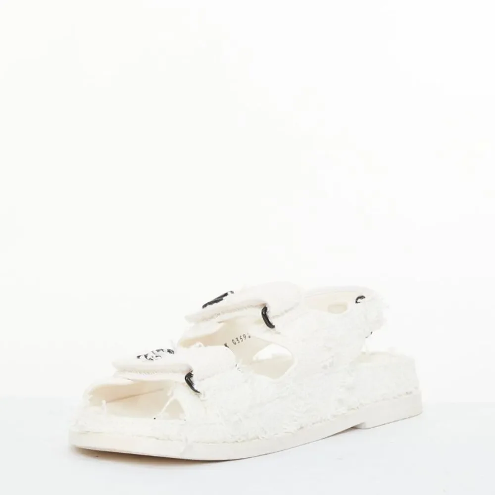 Chanel 2021 White Tweed Dad Sandals